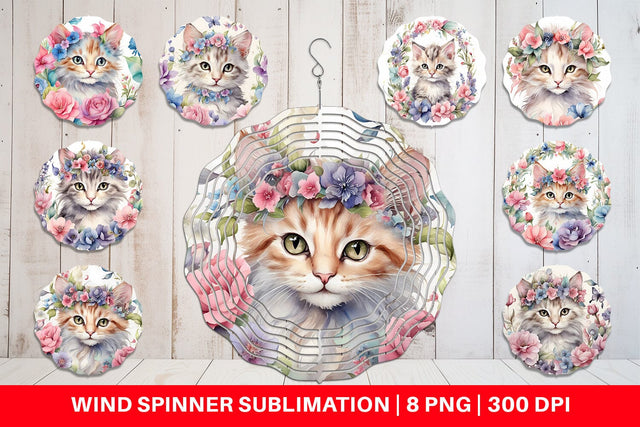 Wind Spinner Watercolor Floral Cat Sublimation artnoy 