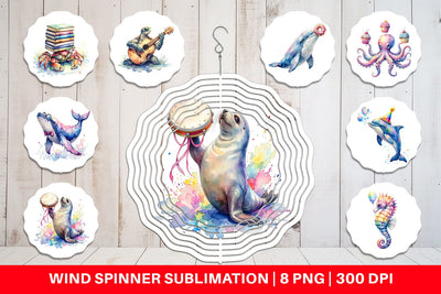 Wind Spinner Watercolor Funny Ocean Animals Sublimation artnoy 