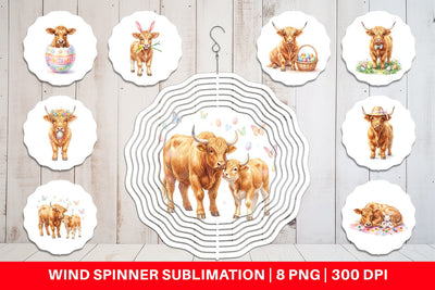 Wind Spinner Watercolor Highland Cow Easter Sublimation artnoy 