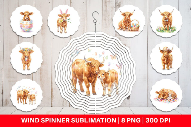 Wind Spinner Watercolor Highland Cow Easter Sublimation artnoy 