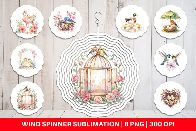 Wind Spinner Watercolor Mama Bird And Floral Nest Art Sublimation artnoy 