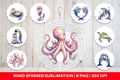 Wind Spinner Watercolor Mom and Baby Ocean Animals Sublimation artnoy 