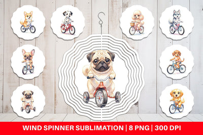 Wind Spinner Watercolor Puppy Eye Dogs on Bicycle Sublimation artnoy 
