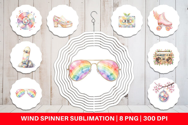Wind Spinner Watercolor Retro 70s Roller Disco Art Sublimation artnoy 