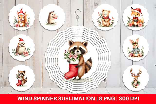 Wind Spinner Watercolor Vintage Christmas Animals Sublimation artnoy 