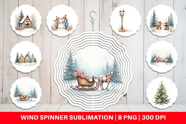 Wind Spinner Watercolor Vintage Christmas Scenes Sublimation artnoy 