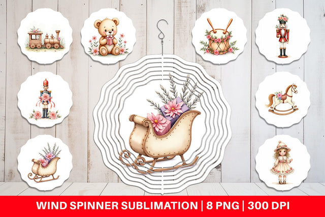 Wind Spinner Watercolor Vintage Christmas Toys Sublimation artnoy 