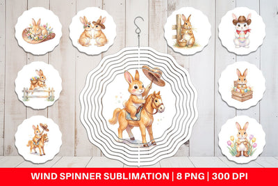 Wind Spinner Watercolor Western Cowboy Bunny Easter Sublimation artnoy 