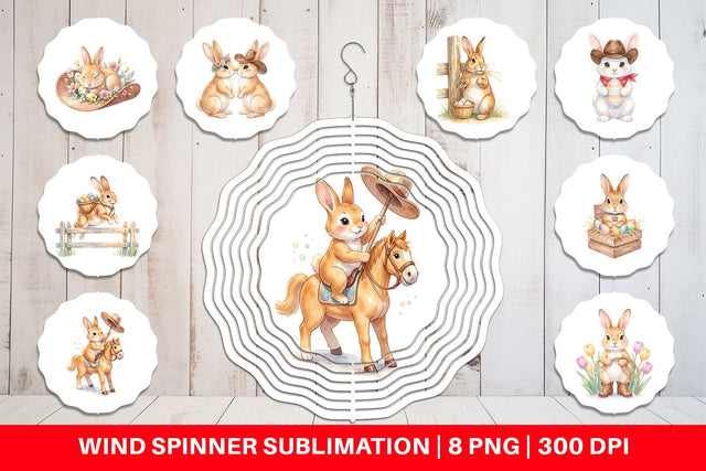 Wind Spinner Watercolor Western Cowboy Bunny Easter Sublimation artnoy 