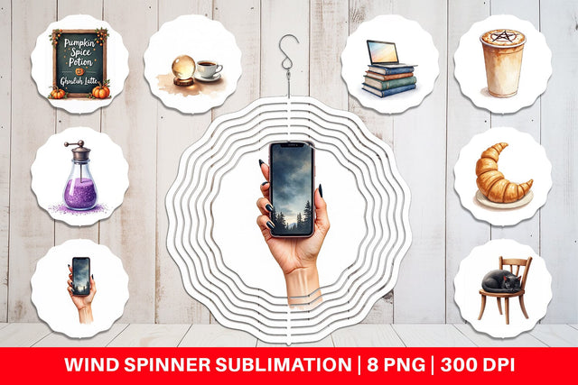 Wind Spinner Watercolor Witchy Coffee Shop Sublimation artnoy 