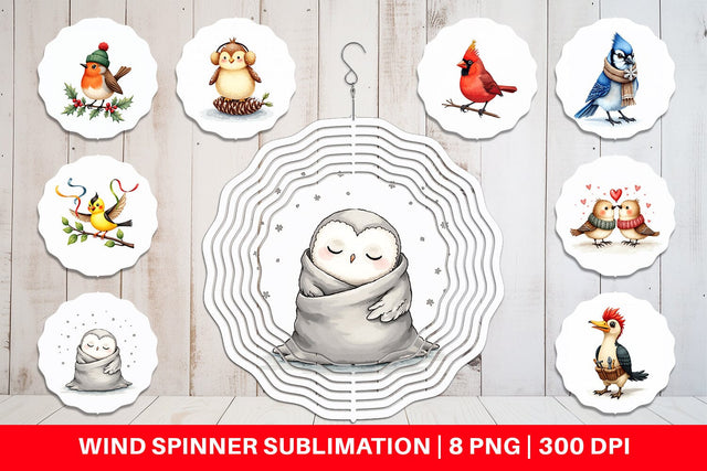 Wind Spinner Whimsical Winter Birds Watercolor Sublimation artnoy 