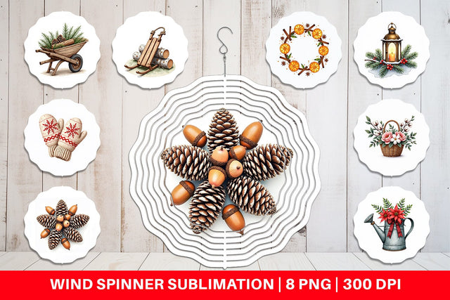 Wind Spinner Winter Woodland Farmhouse Elements Watercolor Sublimation artnoy 