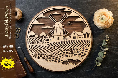 Windmill Farm Scene laser Cut svg Cutting file , windmill svg, farm scene svg design SVG Regulrcrative 