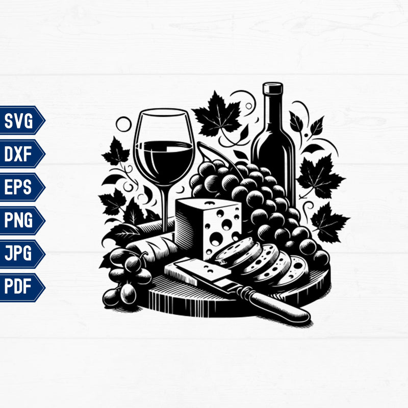 Wine and Cheese Charcuterie Board Design SVG CraftySVGStudio 