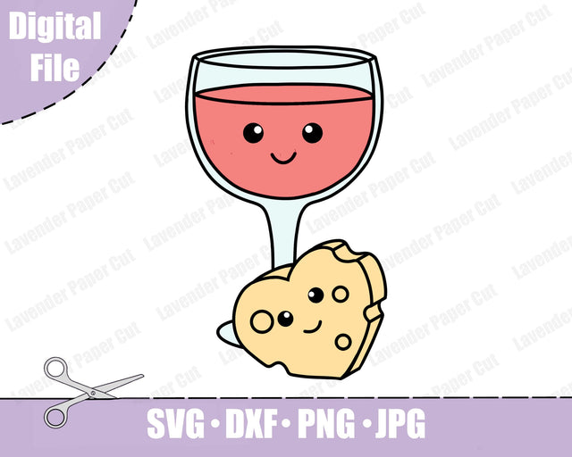 Wine and Cheese Lover SVG Cut File for Cricut and Silhouette, Wine Glass, Swiss Cheese Clipart SVG Lavender Paper Cut 
