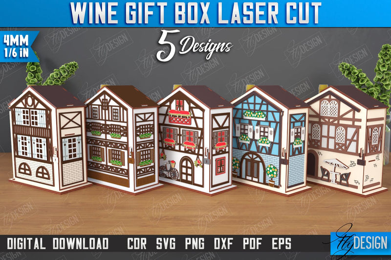 Wine Box Laser Cut Bundle | Gift Idea | Bottle Box | Wine Gift Box | Mini Bar | Champagne Box | CNC Files SVG Fly Design 