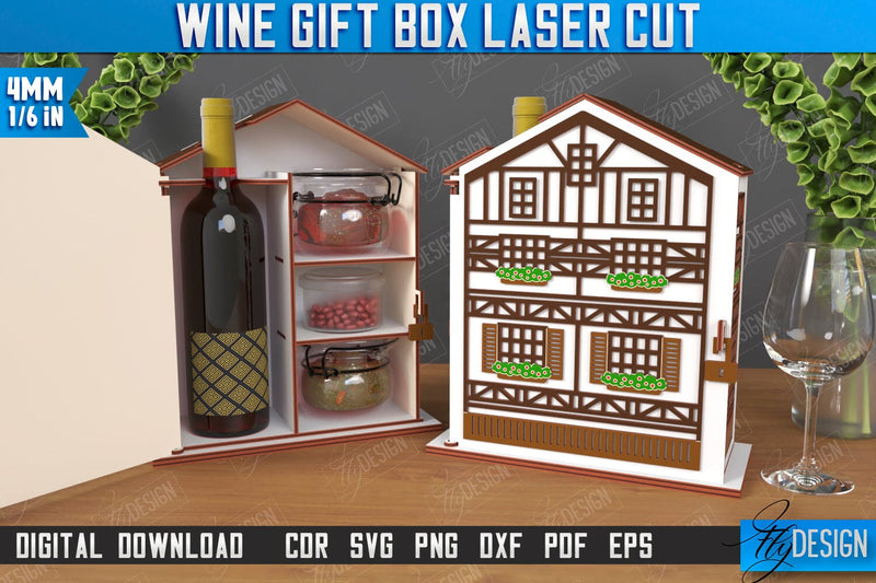 Wine Box Laser Cut | Gift Idea | Bottle Box | Wine Gift Box | Mini Bar | Champagne Box | CNC File SVG Fly Design 