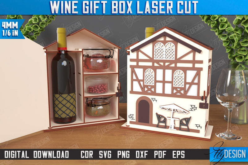 Wine Box Laser Cut | Gift Idea | Bottle Box | Wine Gift Box | Mini Bar | Champagne Box | CNC File SVG Fly Design 