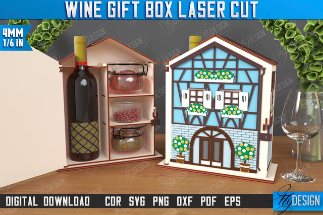 Wine Box Laser Cut | Gift Idea | Bottle Box | Wine Gift Box | Mini Bar | Champagne Box | CNC File SVG Fly Design 