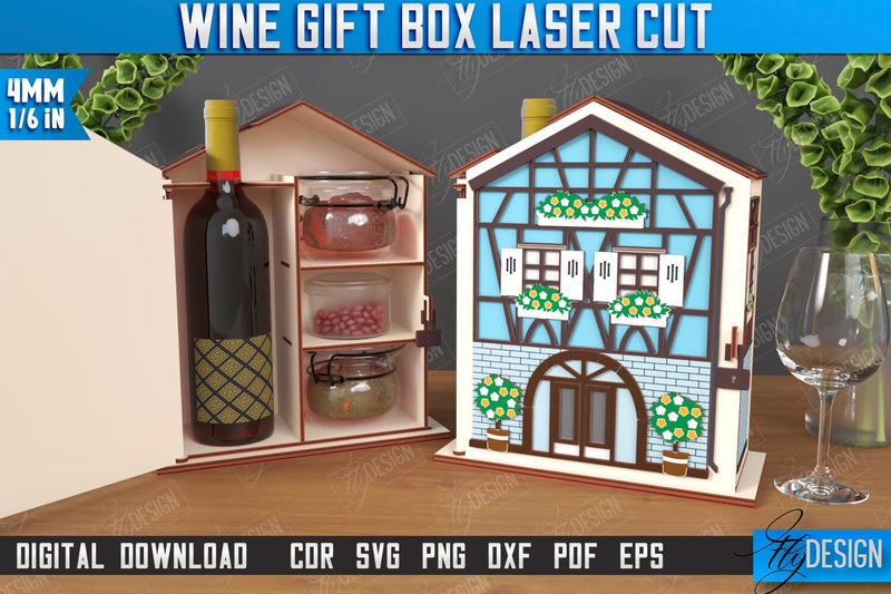 Wine Box Laser Cut | Gift Idea | Bottle Box | Wine Gift Box | Mini Bar | Champagne Box | CNC File SVG Fly Design 
