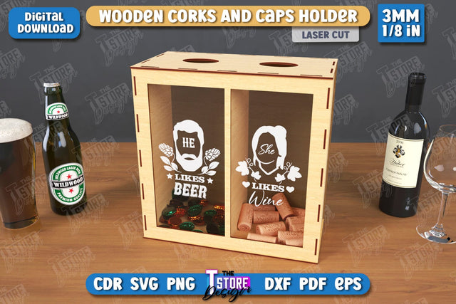 Wine Cork Box Laser Cut | Beer Bottle Caps Box | Cork Collectors | Wine Lovers | CNC File SVG The T Store Design 