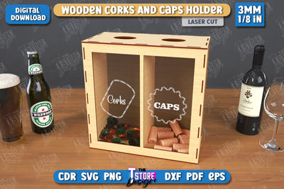 Wine Cork Box Laser Cut | Beer Bottle Caps Box | Cork Collectors | Wine Lovers | CNC File SVG The T Store Design 