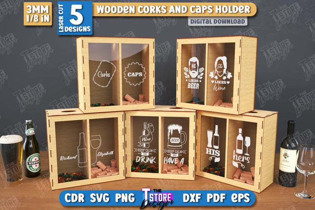 Wine Cork Boxes Laser Cut Bundle | Beer Bottle Caps Box | Cork Collectors | Wine Lovers | CNC Files SVG The T Store Design 