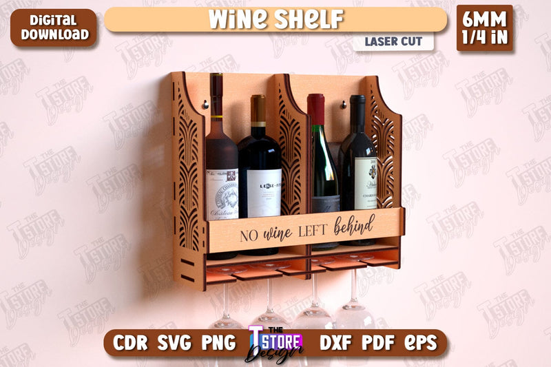 Wine Shelf Laser Cut | Bar Shelf | Mini Bar | Wall-Mounted Drink Bar | Wine Rack | CNC File SVG The T Store Design 