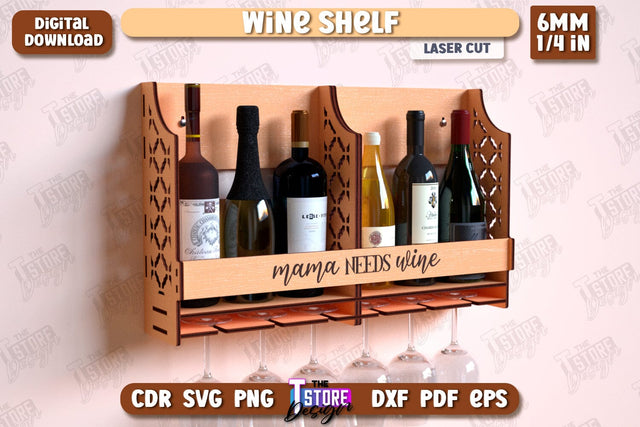 Wine Shelf Laser Cut | Bar Shelf | Mini Bar | Wall-Mounted Drink Bar | Wine Rack | CNC File SVG The T Store Design 