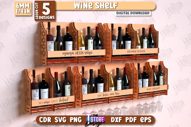 Wine Shelf Laser Cut Bundle | Bar Shelf | Mini Bar | Wall-Mounted Drink Bar | Wine Rack | CNC Files SVG The T Store Design 