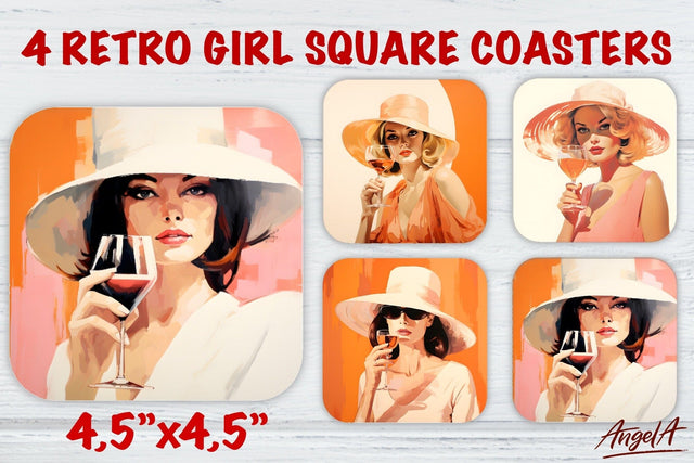 Wine square coaster sublimation / retro girl with wine glass Sublimation Angelina Semenova 