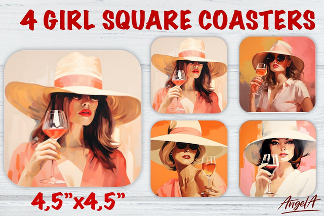 Wine square coaster sublimation / retro girl with wine glass Sublimation Angelina Semenova 