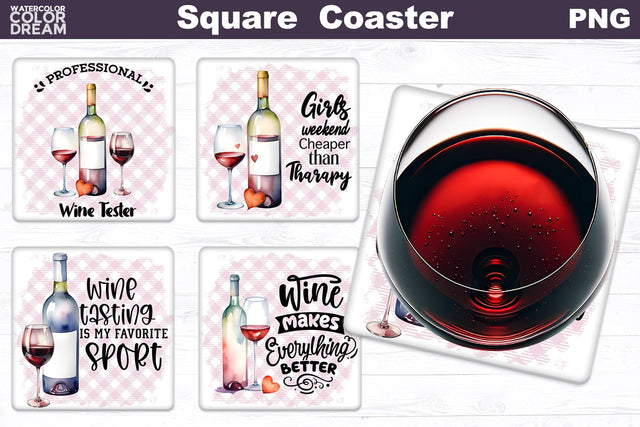 Wine Square Coaster | Wine Quote Square Coaster Sublimation WatercolorColorDream 