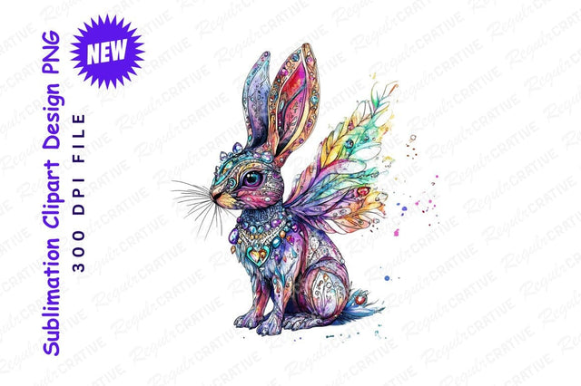 Winged Rabbit Jewel Watercolor Clipart Png Sublimation Regulrcrative 