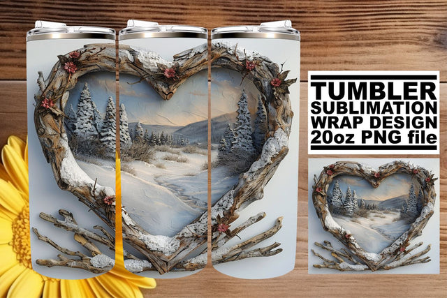 Winter 3D Heart Frame Tumbler Wrap with Christmas Scene Sublimation afrosvg 