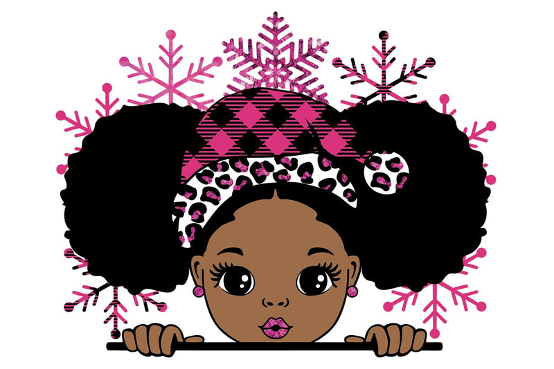 Winter Afro Girl Clipart with Pink Plaid Hat and Leopard Headband in High Quality PNG Format for Sublimation Digital Crafts and Printing SVG 1uniqueminute 