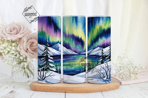 Winter Aurora Landscape Tumbler Wrap PNG Sublimation sassyprint 