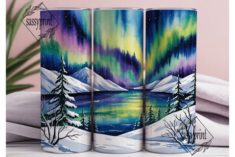 Winter Aurora Landscape Tumbler Wrap PNG Sublimation sassyprint 