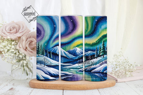 Winter Aurora Landscape Tumbler Wrap PNG Sublimation sassyprint 