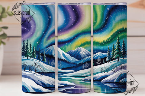 Winter Aurora Landscape Tumbler Wrap PNG Sublimation sassyprint 