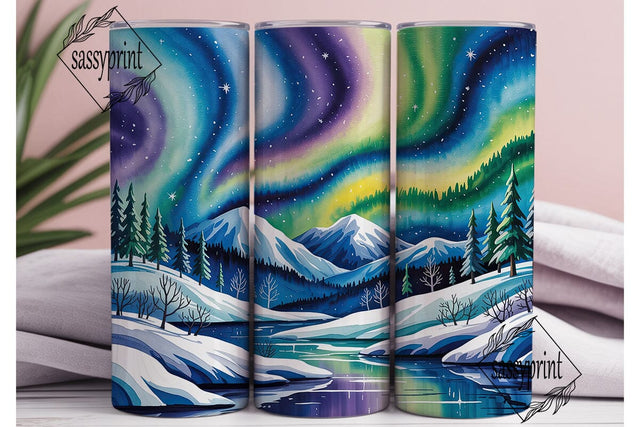 Winter Aurora Landscape Tumbler Wrap PNG Sublimation sassyprint 