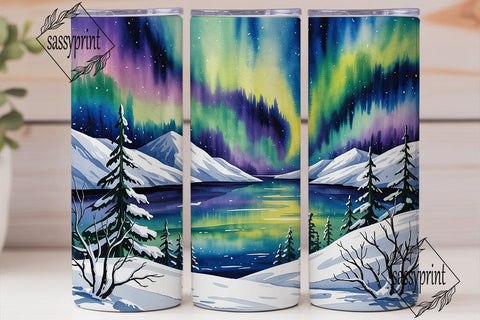 Winter Aurora Landscape Tumbler Wrap PNG Sublimation sassyprint 