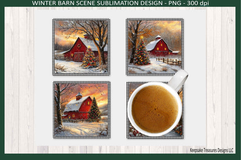 Winter Barn Scene, Square Coaster Template, Sublimation Png, Printable Design Sublimation Keepsake Treasures Designs LLC. 