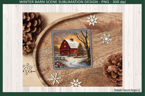 Winter Barn Scene, Square Coaster Template, Sublimation Png, Printable Design Sublimation Keepsake Treasures Designs LLC. 