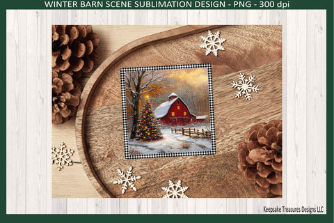 Winter Barn Scene, Square Coaster Template, Sublimation Png, Printable Design Sublimation Keepsake Treasures Designs LLC. 