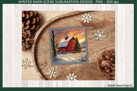Winter Barn Scene, Square Coaster Template, Sublimation Png, Printable Design Sublimation Keepsake Treasures Designs LLC. 
