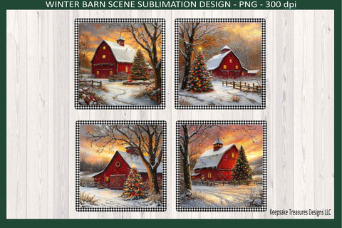 Winter Barn Scene, Square Coaster Template, Sublimation Png, Printable Design Sublimation Keepsake Treasures Designs LLC. 