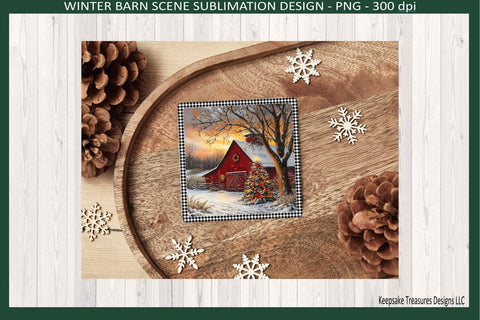 Winter Barn Scene, Square Coaster Template, Sublimation Png, Printable Design Sublimation Keepsake Treasures Designs LLC. 