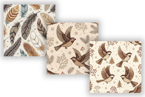 Winter Birds & Feathers Digital Paper - Woodland Nature Seamless Patterns Digital Pattern FloridPrintables 