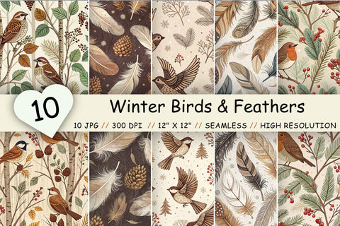 Winter Birds & Feathers Digital Paper - Woodland Nature Seamless Patterns Digital Pattern FloridPrintables 